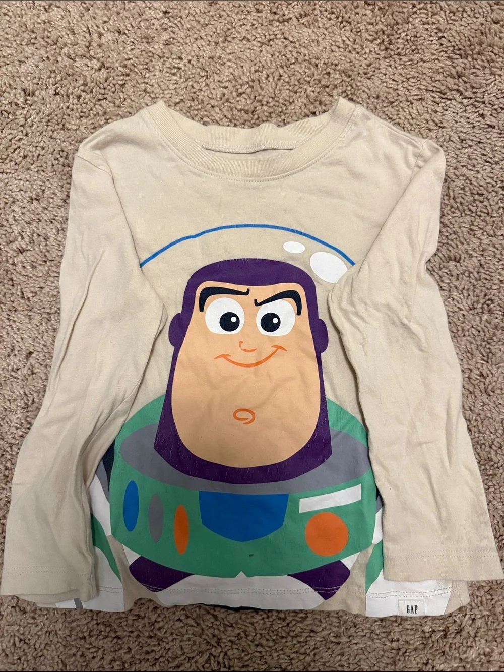 GAP Beige Long-Sleeve Buzz Lightyear Face Graphic Tee size 4 years